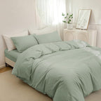 JIYUAN 100% Washed Cotton Duvet Cover Set 2 Pieces Twin, 1 Duvet Cover 68x90 Inches(Comforter Not Included) and 1 Pillowcases,Linen Feel Bedding Set Comfy and Breathable, Heathered Sage Green