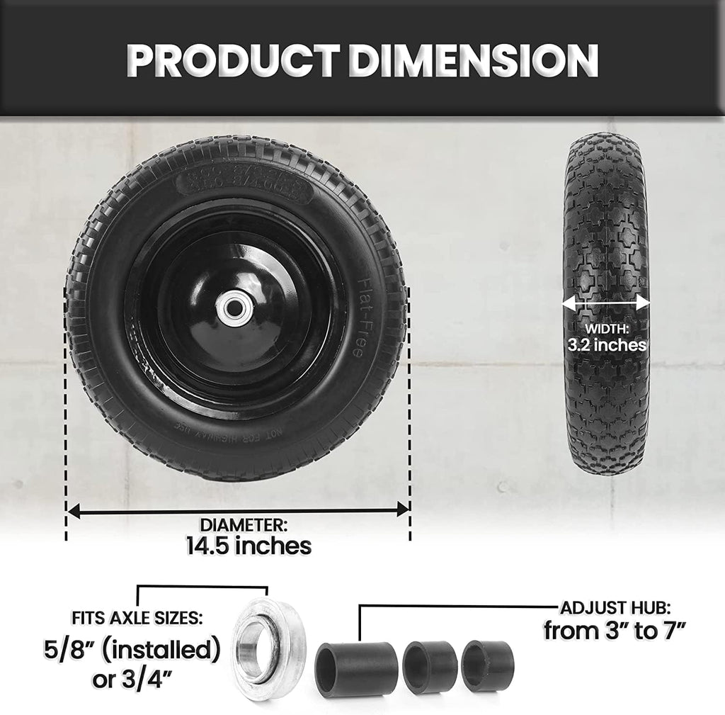 (2-PACK) 4.80/4.00-8" Flat Free Tire and Wheel - Universal Fit 14.5" Solid Wheelbarrow Tires with 3" Hub and 5/8" Bearings – Extra Adapter kit includes 3/4" Ball Bearings, 1" and 1/2" Nylon Spacers