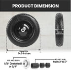 (2-PACK) 4.80/4.00-8" Flat Free Tire and Wheel - Universal Fit 14.5" Solid Wheelbarrow Tires with 3" Hub and 5/8" Bearings – Extra Adapter kit includes 3/4" Ball Bearings, 1" and 1/2" Nylon Spacers