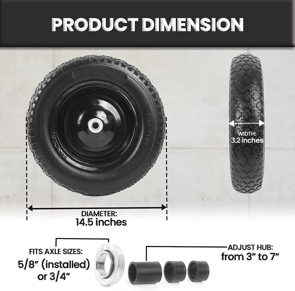 (2-PACK) 4.80/4.00-8" Flat Free Tire and Wheel - Universal Fit 14.5" Solid Wheelbarrow Tires with 3" Hub and 5/8" Bearings – Extra Adapter kit includes 3/4" Ball Bearings, 1" and 1/2" Nylon Spacers