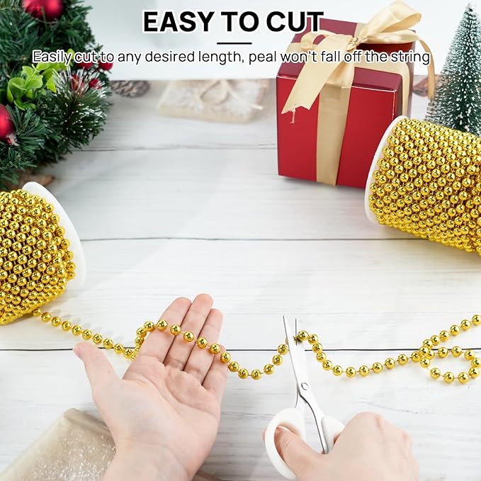 Craft String Pearls 8MM Pearl Bead, 33 Feet Gold Faux Pearl Garland Spool Roll Strand Wedding Party Decoration, Christmas Tree Decorations