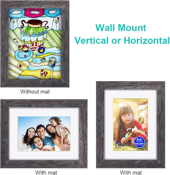 RPJC 6x8 inch Picture Frame Made of Solid Wood and High Definition Glass Display Pictures 4x6 with Mat or 6x8 Without Mat for Wall Mounting Photo Frame Driftwood Finish