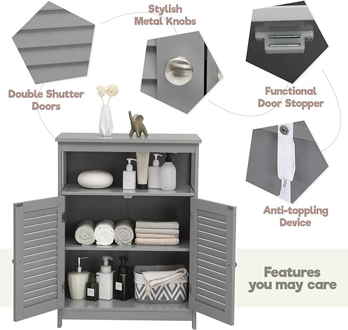 GLACER Bathroom Floor Cabinet, Wooden Storage Cabinet with Double Shutter Doors & 3-Position Adjustable Shelf, Side Storage Organizer Cabinet, 23.5 x 12 x 31.5 inches (Grey)