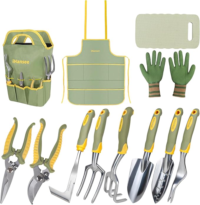 Set of 12 Garden Tool, iHansee Heavy-Duty Aluminum Gardening Hand Tools with Rubber Non-Slip Handle, Garden Apron, Gloves, Kneeling Pad and Storage Bag, Garden Hand Tools Starter Kit Landscaping Tools