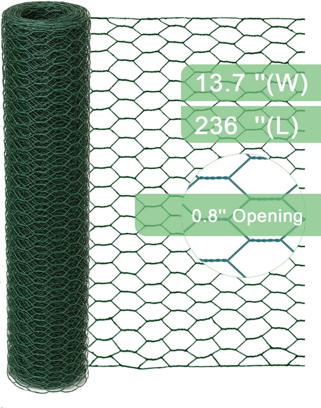 vensovo Green Chicken Wire for Crafts – 13.7"×236" PVC Coated Hexagonal Mesh Roll, cuttable and Shapeable Floral Wire Netting for Wedding Decorations, Garden Fencing