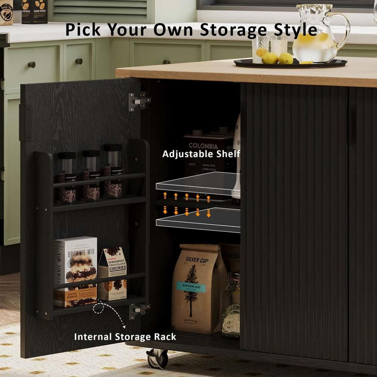 Kitchen Table with Storage with Drop Leaf Internal Storage Rack, Wood Kitchen Island with Wheels Towel Rack， for Kitchen, Dining Room, Black
