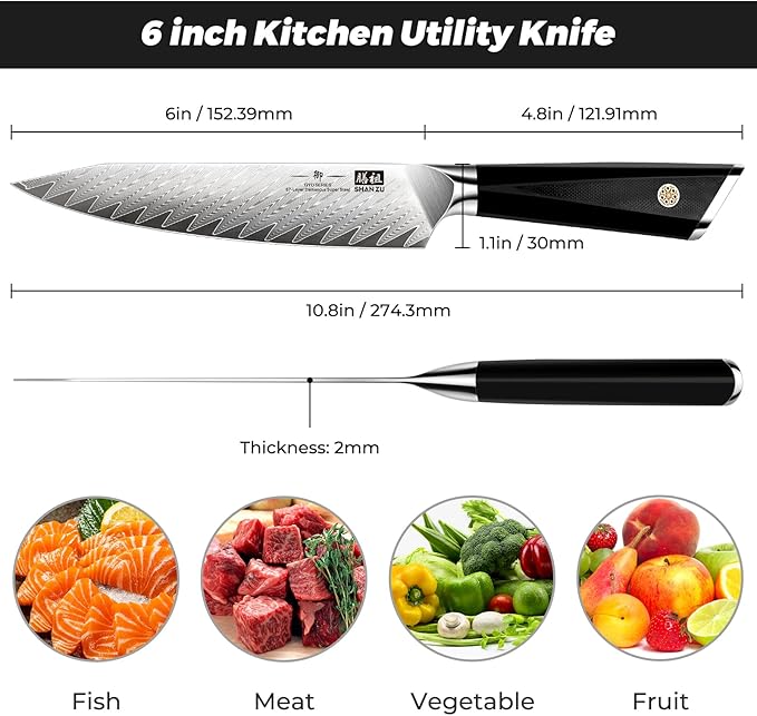 SHAN ZU Damascus Chef Knife 6 inch,67-Layer Japanese Steel 10Cr15CoMoV Kitchen Knife, High Carbon Super Sharp Japanese Chef Knife, All Purpose Professional Kitchen Utility Petty Knives with G10 Handle
