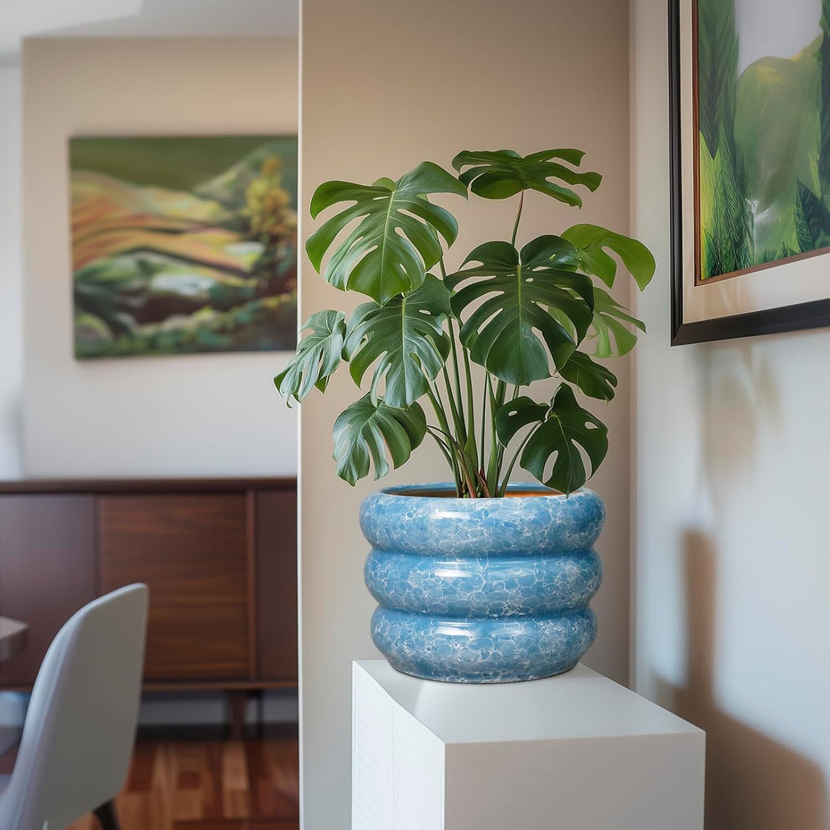 SQOWL 10 Inch Planter Pot - Ceramic Plant Pot with Drainage Hole Planter for Indoor Plants Large Flower Pot Decorative Plant Pot Outdoor Planter for Porch Decor Blue