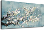 Flowers Wall Art Plum Blossom Canvas Art Botanical Floral Canvas Pictures Grey Blue Canvas Artwork for Bedroom Living Room Bathroom Kitchen Office Home Wall Decor Framed Ready to Hang 20" x 40"