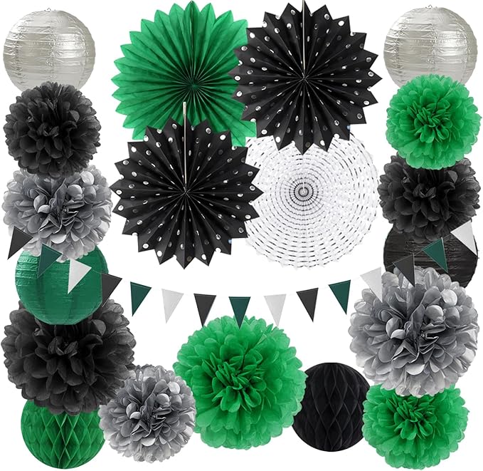 Black Green Silver Football Party-Decorations - 20pcs Soccer Theme Graduation Paper Lanterns Fans,Tissue Pom Poms,Honeycomb Balls,Men Boys Birthday Sports Spring Jungle Baby Shower Decor Burgleda