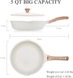 Vinchef Nonstick Deep Frying Pan, Saute Pan with Lid, 11"/5Qt, German 3C+ Ceramic Coating, Induction Compatible, White Color, Cookware for Kitchen