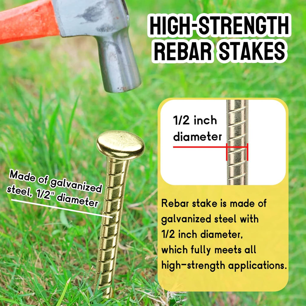 16 Inch Rebar Stakes - 1/2 Inch Diameter Galvanized Steel Ground Anchors - Heavy Duty Plant Support Garden Stake for Speed Bump, Wheel Stop, Tent (10 Pack)