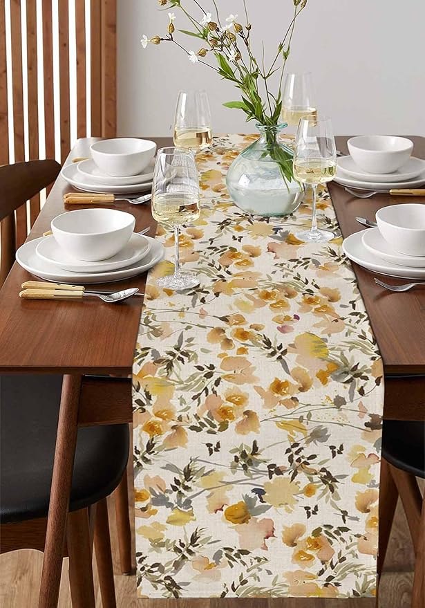 Vintage Orange Flower Cotton Linen Table Runner for Dining Kitchen, Wedding Outdoor Party Tablerunners Decoration, Farmhouse Botanical Floral Retro Dresser Scarf Coffee Tablecloth Runners 13''x120''