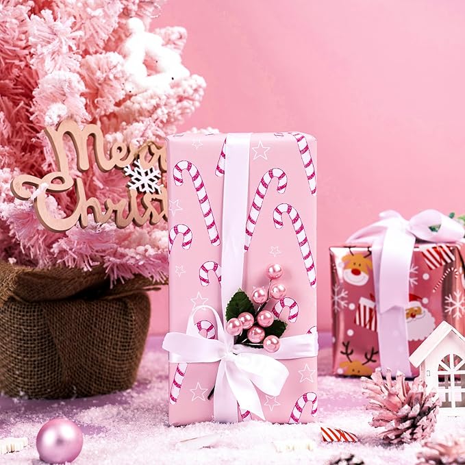 LeZakaa Christmas Pink Wrapping Paper Mini Roll, Santa Claus & Candy Cane, Metallic Foil, Rose Gold Foil Reversible Design for Festive Winter Holiday, Family Gathering, 17 inches x 32.8 Feet