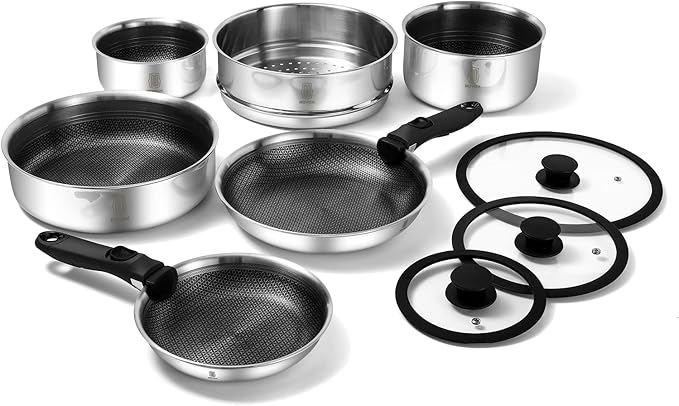 ROYDX New Model Hybrid Nonstick Cookware Set 19-Piece Stainless Steel Pots and Pans Set with Removable Handles, Save Space,Dishwasher and Oven Safe, Induction Ready, Compatible with All Cooktops