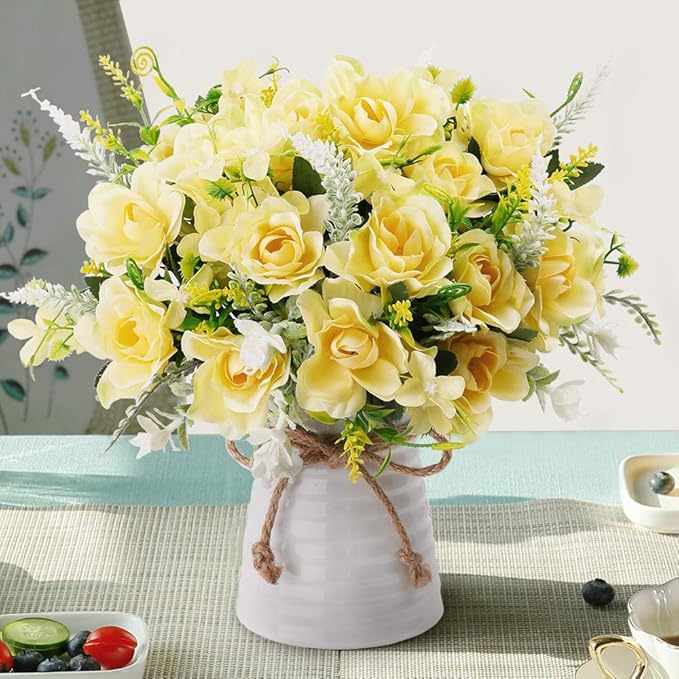 LESING Artificial Flowers with Vase for Table Centerpieces,Fake Silk Gardenia Flower in Vase Decoration for Home Office Party (Champagne)