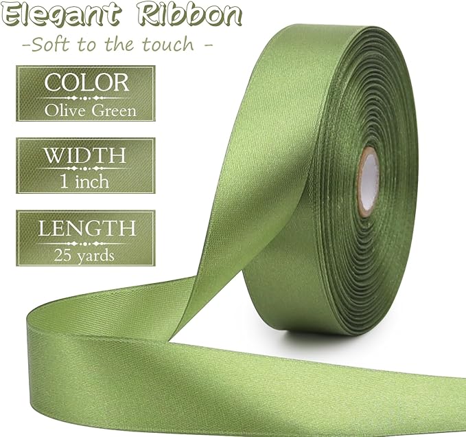 Olive Green Solid Satin Ribbon 1 Inch 50 Yards Solid Polyester Fabric Ribbon for Gift Wrapping Wedding Christmas Baby Shower Birthday Party Decoration Handmade Immortal Flower Craft