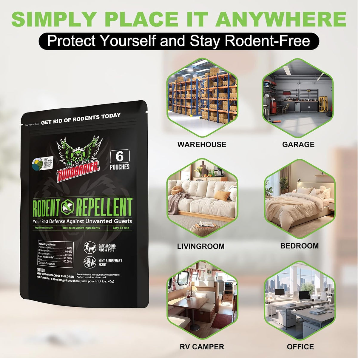 BugBarrier's Extra-Strength Mouse Repellent Deterrent Pouches, USDA 99% Biobased, Peppermint & Rosemary Oils Repel Mice Nesting in Car, RV, Boat, Garage, Shed, Cabin Made in The USA (Pack of 12)