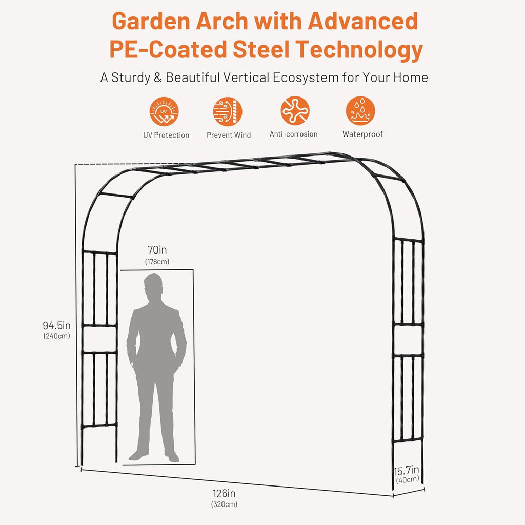 Garden Arch, 126''x94.5'' Arbor Trellis, Trellis for Climbing Plants Outdoor, Garden Arch Arbor for Flower, Climbing Vine Vegetable, Fruit and Lawn(Black)