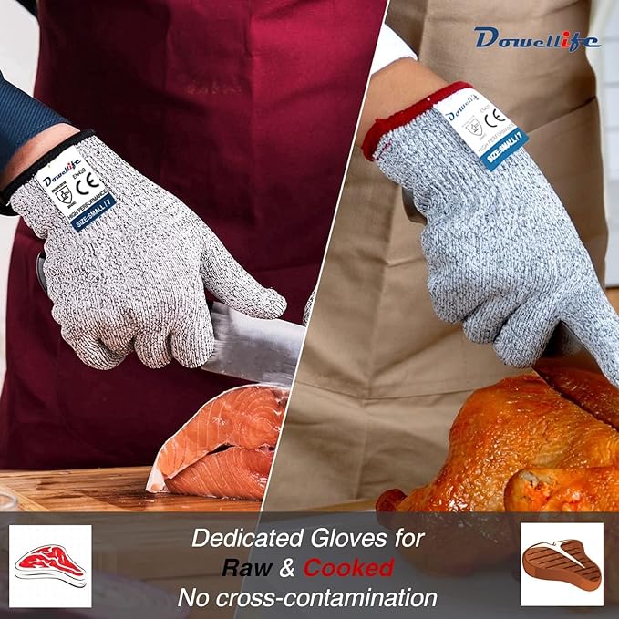 Dowellife Cut Resistant Gloves Food Grade Level 5 Protection, Safety Kitchen Cuts Gloves for Oyster Shucking, Fish Fillet Processing, Mandolin Slicing, Meat Cutting and Wood Carving. (Medium-2 Pairs)