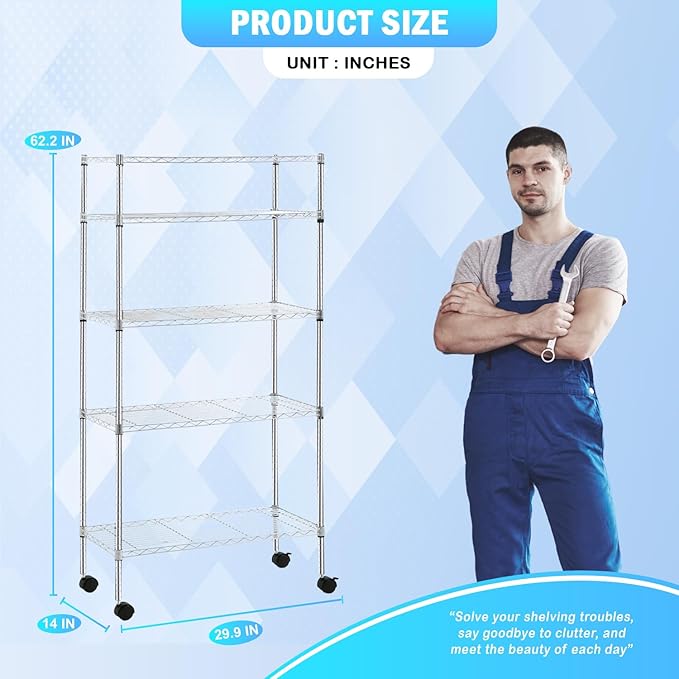 PayLessHere 14" D x 30" W x 60" H Shelves Storage Shelves Shelving NSF Certified 5 Tier Adjustable Shelf with Sliding Wheels Versatile Storage Solution Effortless Assembly and Mobility, Chrome