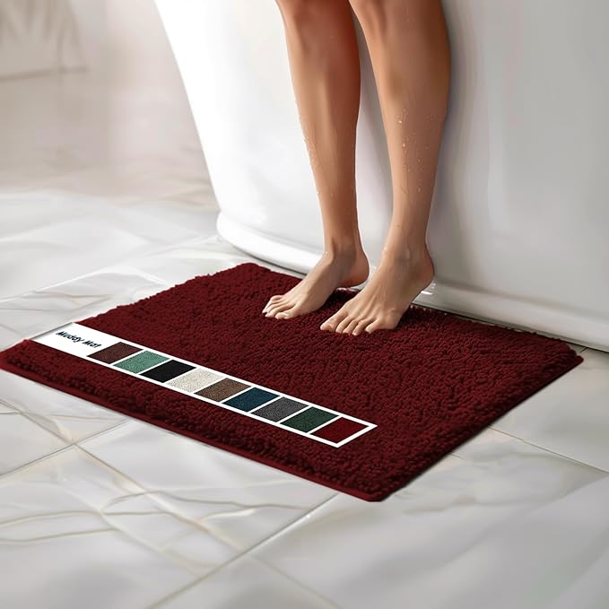 Muddy Mat Chenille Bathroom Rugs Quick Dry Microfiber Mats Non Slip Washable, Extra Thick, Soft and Highly Absorbent Bath Mats for Bathroom, Kitchen, and Shower Floor - Red Medium 30"X19"