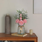 Faux Flowers with Vase,Artificial Silk Roses in Vase, Fake Plant Eucalyptus Flower Arrangement for Home Office Farmhouse Bathroom Dining Table Centerpiece Decorations Coffee Table Decor (Pink)