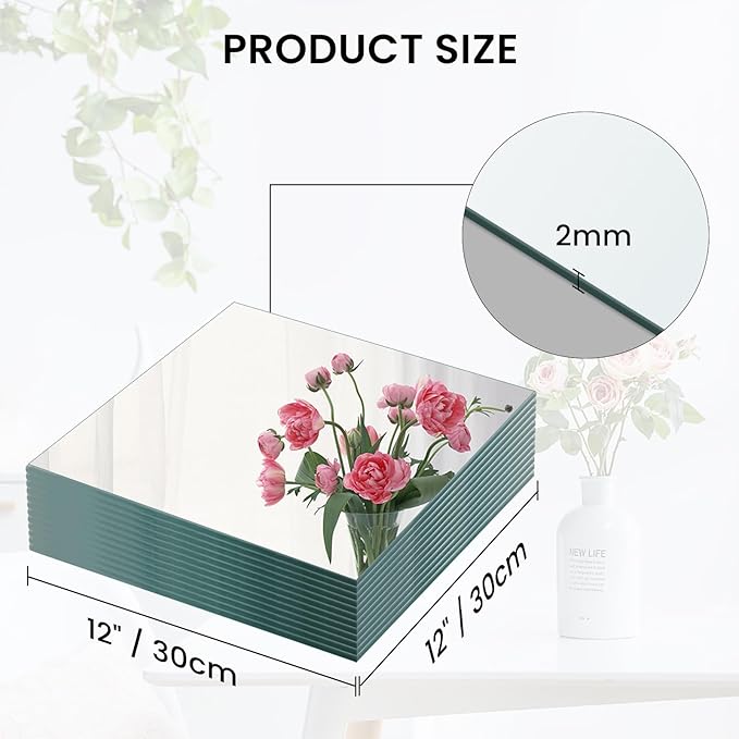 Square Glass Mirror Centerpieces, 12Pcs 12" Mirror Centerpieces for Tables, Glass Trays for Wedding Decorations, Parties, Baby Shower