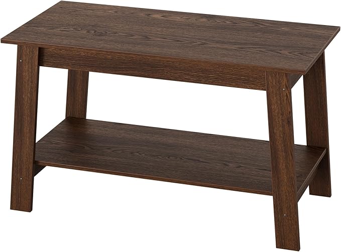 Coffee Table for Living Room, 2 Tier Coffee Table with Storage, Small Rectangular Center Tables with Shelf, Space Saving, Easy Assembly, Light Walnut