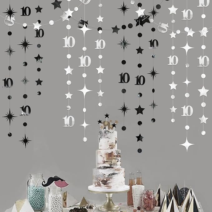 Silver Black 10th Birthday Decorations Number 10 Circle Dot Twinkle Star Garland Metallic Hanging Streamer Backdrop for Girls Boys Double Digits Ten Years Old Birthday 10th Anniversary Party Decor