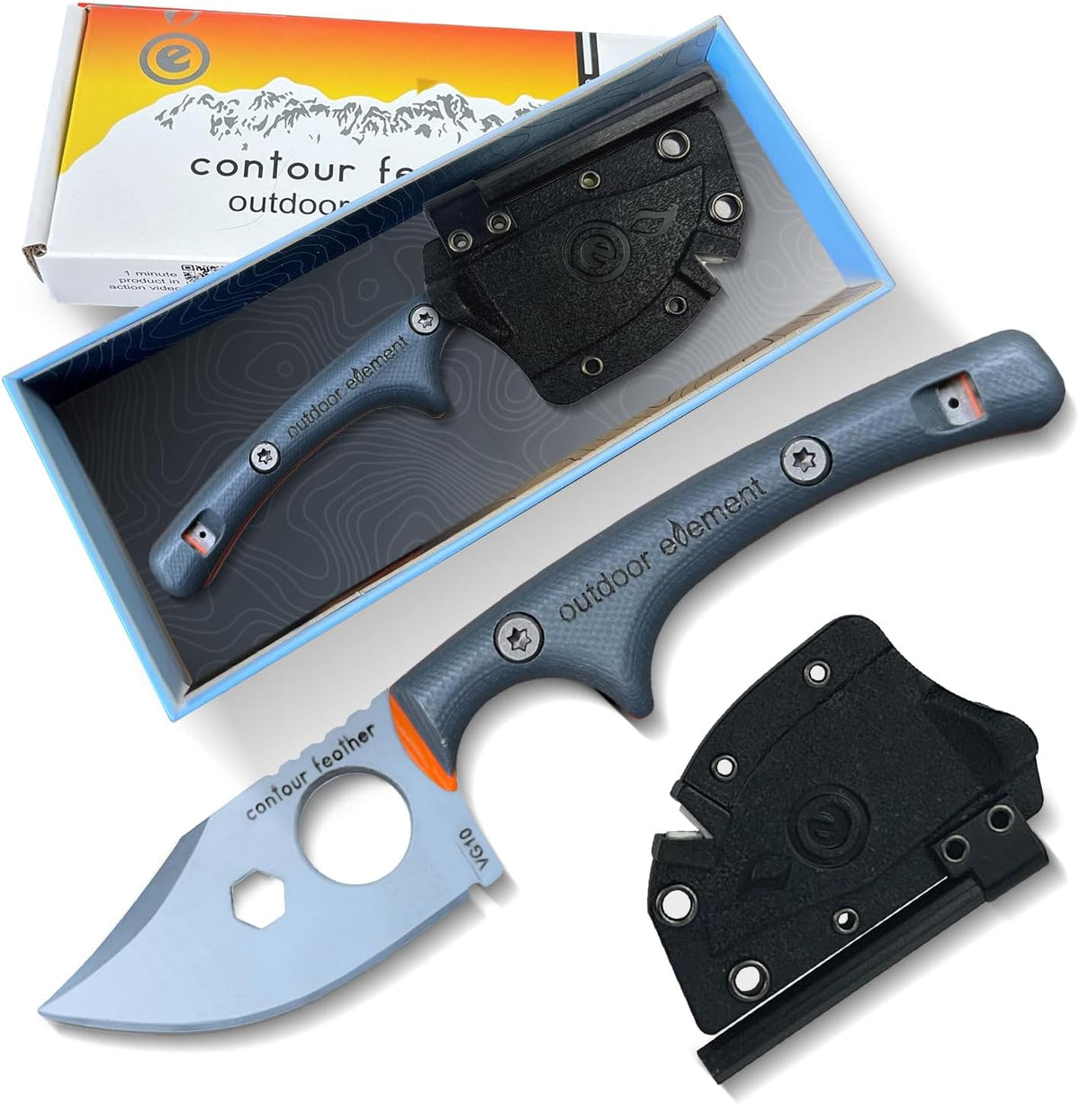 OUTDOOR ELEMENT Contour Feather Survival and Culinary Knives – VG10 Steel Fixed Blade with Fire Starter, Hex Driver, Knife Sharpener, Sheath & Built in Whistle - Built For Camping & Outdoor Adventure