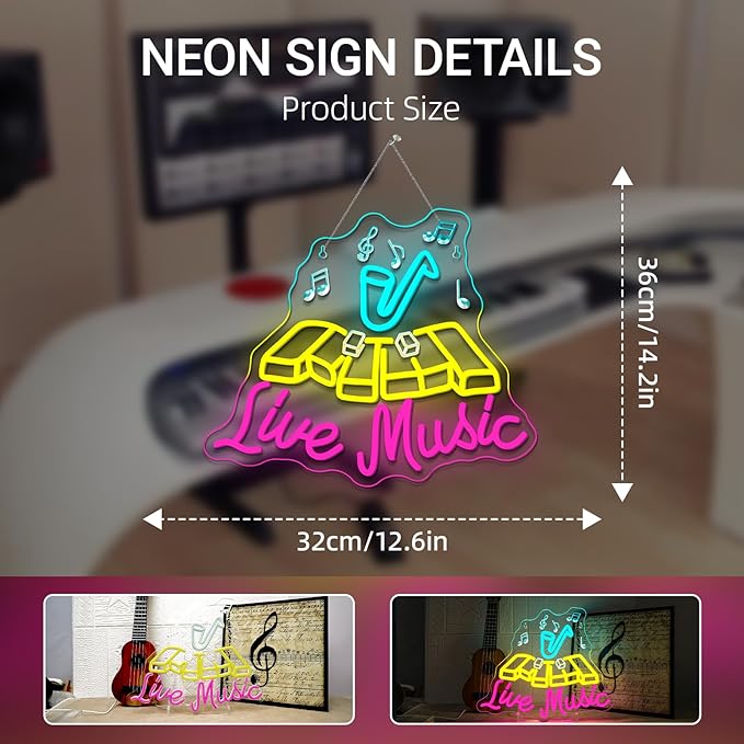 Live Music Neon Sign Jazz Neon Signs For Wall Decor Saxophone Led Lights Colorful Light Up For Music Studio Bar Club Party Live House Singing Lover Bedroom Decoration Gifts