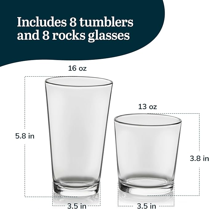 Libbey Flare Tumbler and Rocks Glasses Set, Stylish Lead-Free Drinking Glasses Set of 16, Versatile Dishwasher Safe Kitchen Glassware Set for Parties