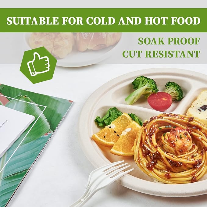 ECOLipak 125 Pack 3 Compartment Plates Disposable, 10 inch Heavy-Duty Compostable Paper Plates Made of Eco-Friendly Sugar Cane Fibers