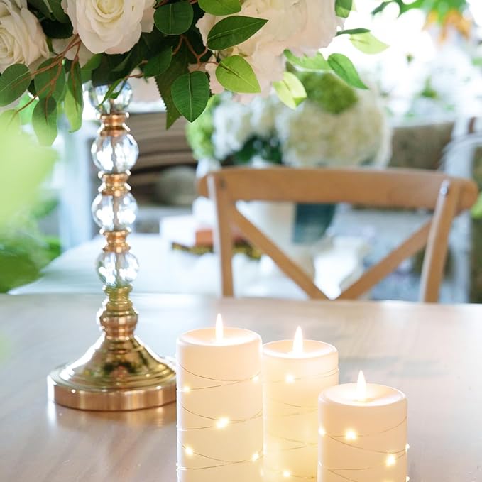 Upinmz Flickering Flameless LED Candles with String Lights, Remote Control and Timer - 3 Pack Ivory White Acrylic