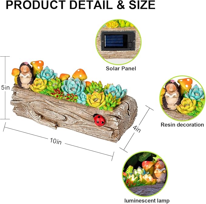 Garden Solar Figurine Light - Stump Succulent Solar Light Outdoor, Solar Powered Lighting Outside Decorations Yard Art Lawn Ornaments for Porch Patio Balcony - Succulent Gifts for Women Mom