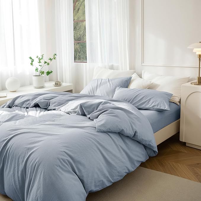 JIYUAN 100% Washed Cotton Duvet Cover Set 3 Pieces Cal King, 1 Duvet Cover 104x98 Inches(Comforter Not Included) and 2 Pillowcases,Linen Feel Bedding Set Comfy and Breathable, Heathered Light Blue
