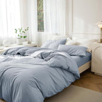 JIYUAN 100% Washed Cotton Duvet Cover Set 3 Pieces Cal King, 1 Duvet Cover 104x98 Inches(Comforter Not Included) and 2 Pillowcases,Linen Feel Bedding Set Comfy and Breathable, Heathered Light Blue