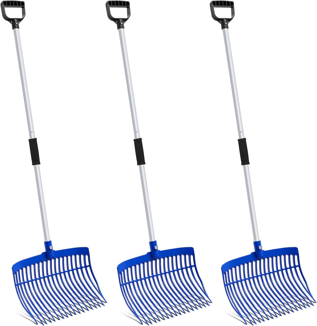Lasnten 3 Sets Blue Manure Fork with Long Metal Handle Pitch Fork Manure Rake Heavy Duty Muck Rake for Gardening Horse Stall Stable Grass Hay Cleaning Farm Work(D Shaped Grip)