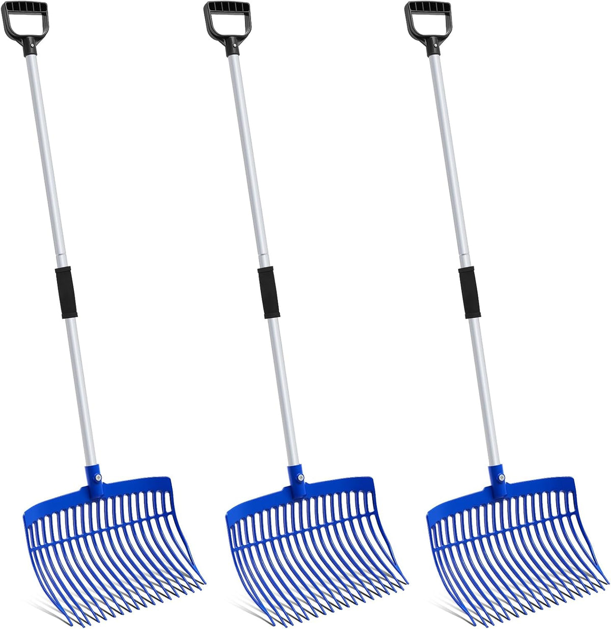 Lasnten 3 Sets Blue Manure Fork with Long Metal Handle Pitch Fork Manure Rake Heavy Duty Muck Rake for Gardening Horse Stall Stable Grass Hay Cleaning Farm Work(D Shaped Grip)
