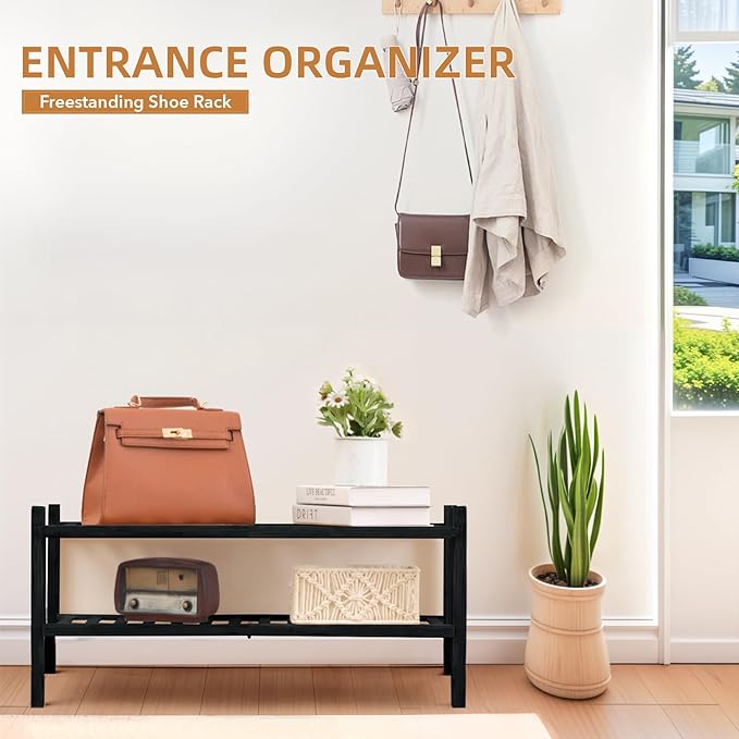 2 Tier Bamboo Shoe Rack Storage Organizer for Closet, Multifunctional Stackable Free Standing Shoe Shelf Organizer for Small Space,Entryway,Hallway,Bathroom 27"x11"x13" (Black, 2 Tier)