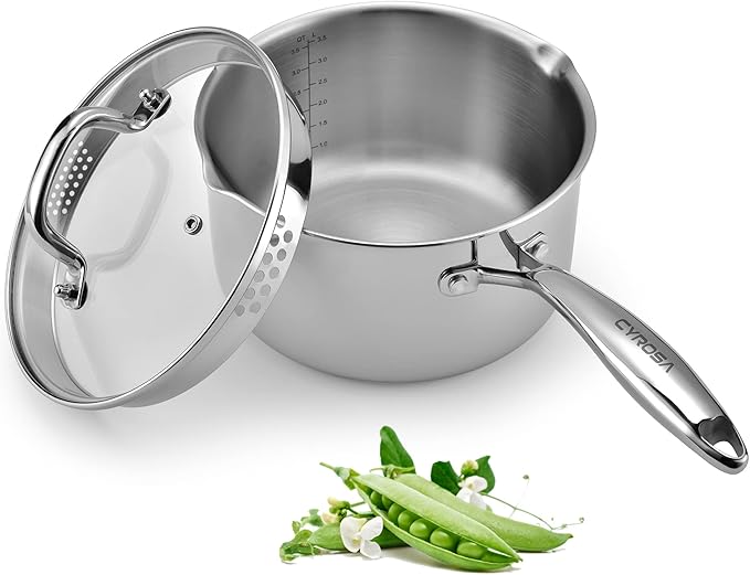 Stainless Steel Saucepan with Glass Lid, 3.5 Quart Multipurpose Sauce Pan, Sauce Pot - for Easy Pour with Ergonomic Handle