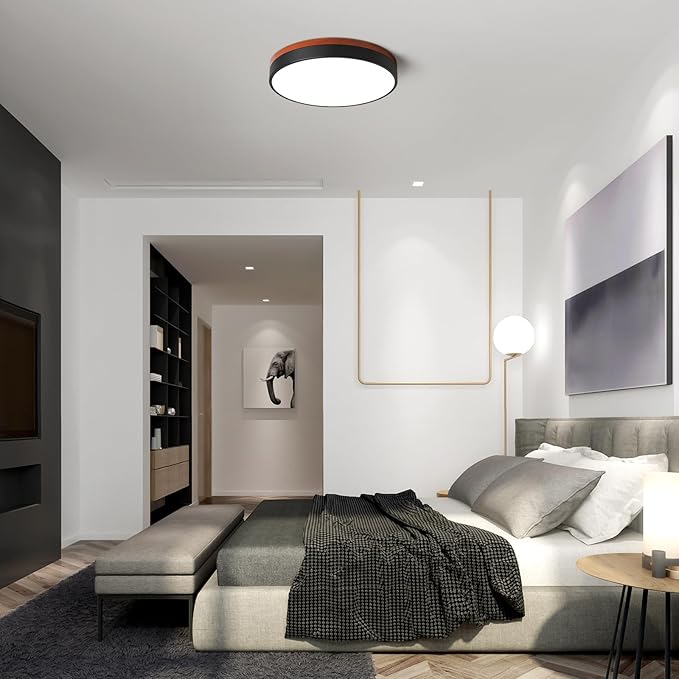 LED Dimmable Flush Mount Ceiling Light, Black and Wood, 5CCT in One, Minimalist Round Ceiling Lamp for Kitchen, Bedroom, Hallway, Living Room, 15.7 Inch