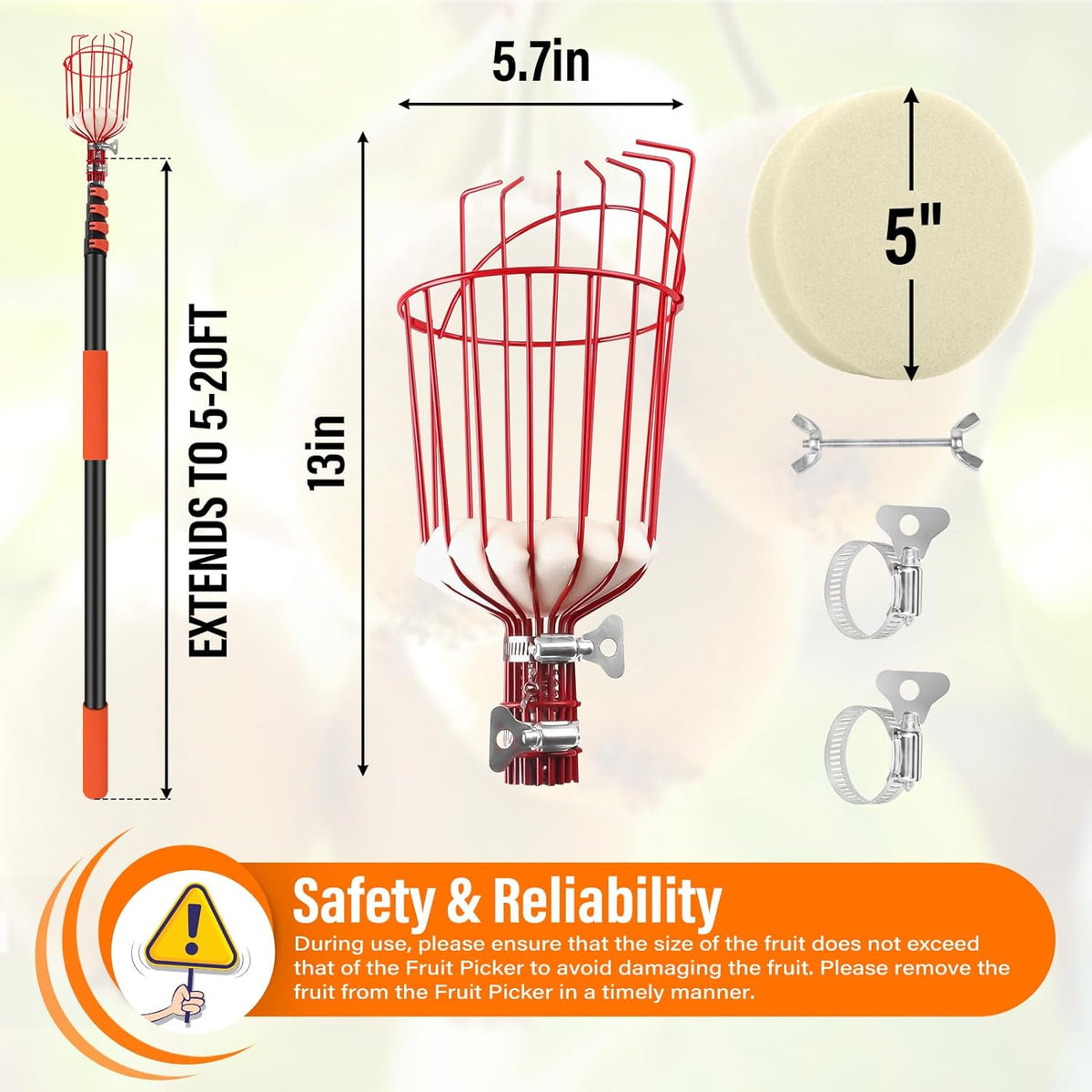 26FT Reach Fruit Picker Pole with Basket Telescoping,Apple Picker Pole with Basket,Lightweight Aluminum Pole Fruit Catcher for Trees,Orange Picker Suit for,Pear,Lemon,Mango,Guava,Avocados