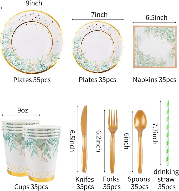 280 Pcs Greenery Plates and Napkins Party Supplies - Serves 35 People - Sage Green Gold Paper Plates Party Cups Forks Knives Spoons Straws Greenery Theme for Baby Showers, Bridal Showers, Tea Parties