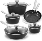 Induction Cookware Nonstick, BEZIA Pots and Pans Set for Induction Cooktop, Compatible with All Stoves, Dishwasher Safe Kitchen Cooking Pan Set with Frying Pans, Saucepans & Stockpot, 10-Piece (Black)