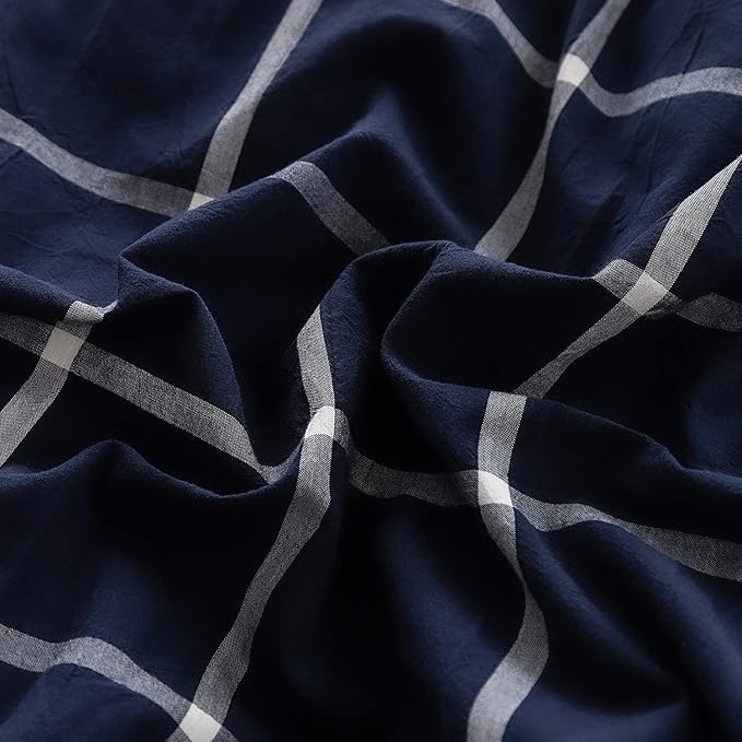FACE TWO FACE Bedding Duvet Cover Set 3 Pieces 100% Washed Cotton Duvet Cover Linen Like Textured Breathable Durable Soft Comfy (King, Dark Blue Grid)