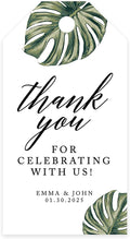 Andaz Press 100-Pack Personalized Thank You for Celebrating with Us Wedding Favor Tags with Bakers Twine Tropical Monstera Leaves Custom Cardstock Wedding Gift Tags for Party Favors 2 x 3.75-Inches