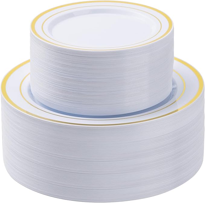 100PCS White Plastic Plates Set with Gold Rim, 50 10.25 inch Heavy Duty Dinner Plate and 50 7.5 inch Dessert Appetizer Plates, Premium Disposable Plates for Party, Wedding, Birthday