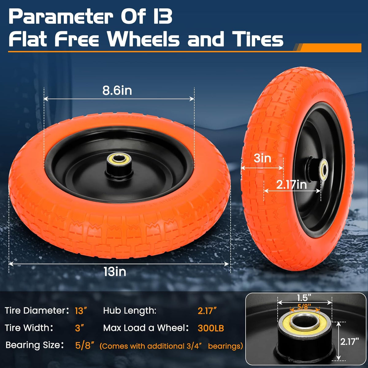 13" Flat Free Wheels Replacement for GOR Garden Cart Tires and Wheels, 4.00-6 Solid Tires and Wheels with 5/8"Bearings, 13" No Flat Wheels for GOR Garden Carts/Hand Trucks/Garden Carts（Orange）